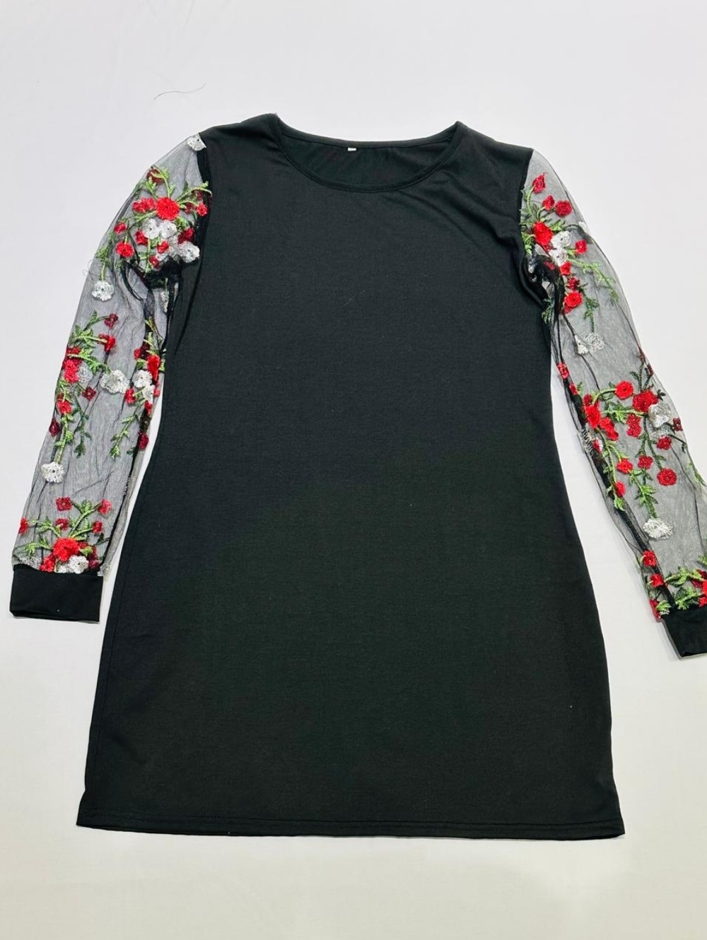 Black Embroidered Sleeve Skater Dress Floral Mesh Long Sleeve Mini Dress